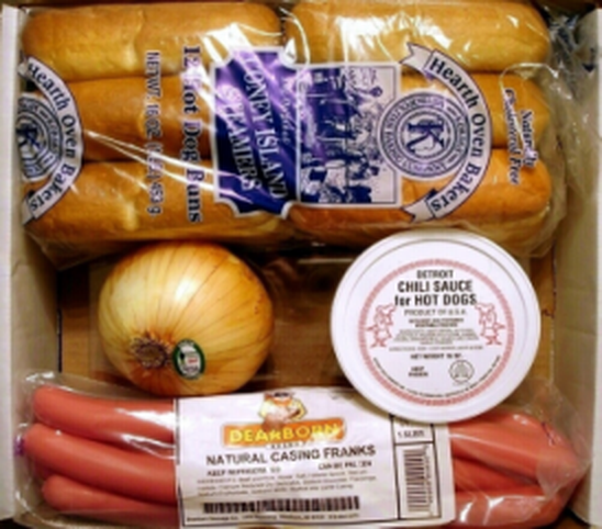 Inside a Coney Kit: Dearborn natural-casing franks, hot dog buns, a sweet onion and a tub of Detroit chili sauce