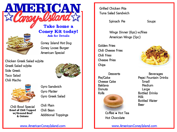 The printed American Coney Island menu card