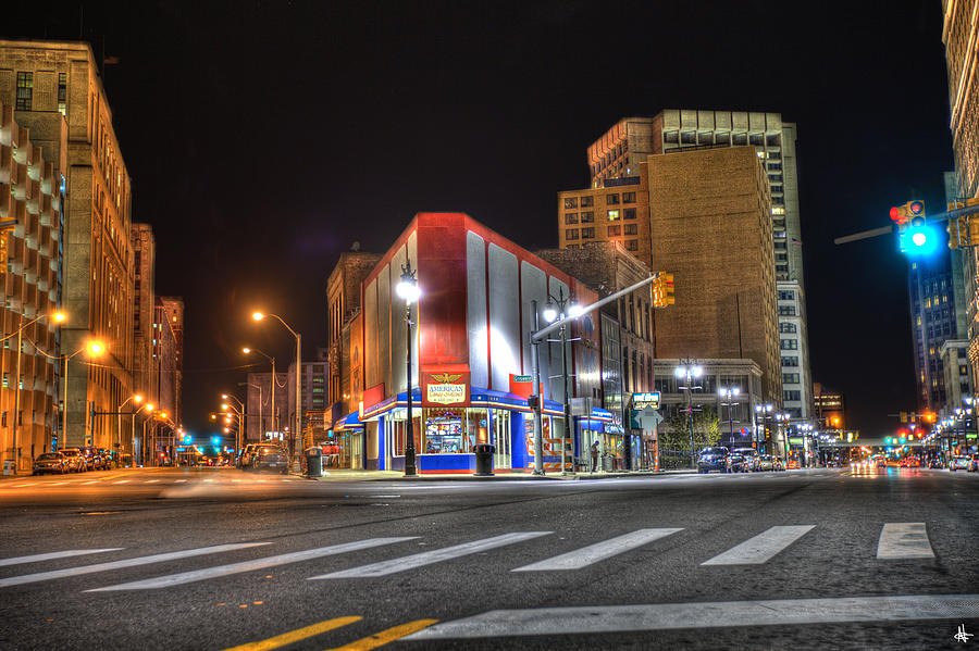 American Coney Island lit up at night on the corner of Lafayette and Michigan in downtown Detroit